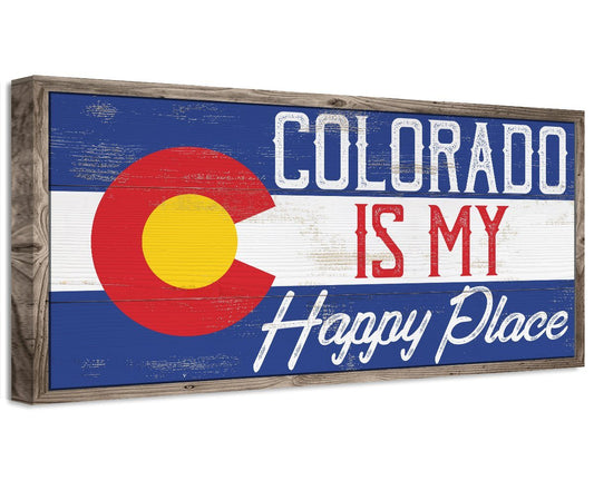 Framed wall canvas with blue background, red-yellow Colorado logo, and “Colorado is my Happy Place”.