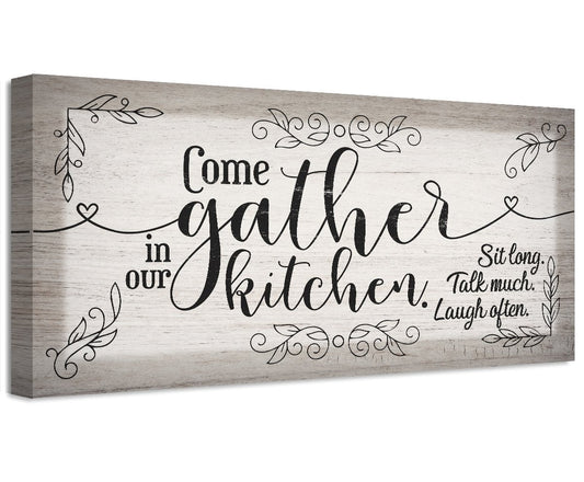 Kitchen wall canvas with “Come gather in our kitchen” lettering and floral vines