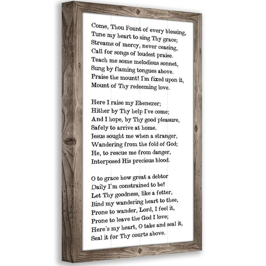 Wood-framed canvas wall art with centered poem text on a light background