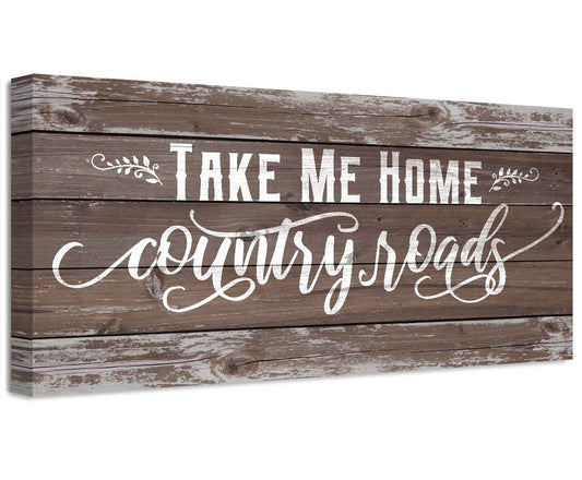 Take Me Home country roads wood-plank canvas art with decorative script lettering