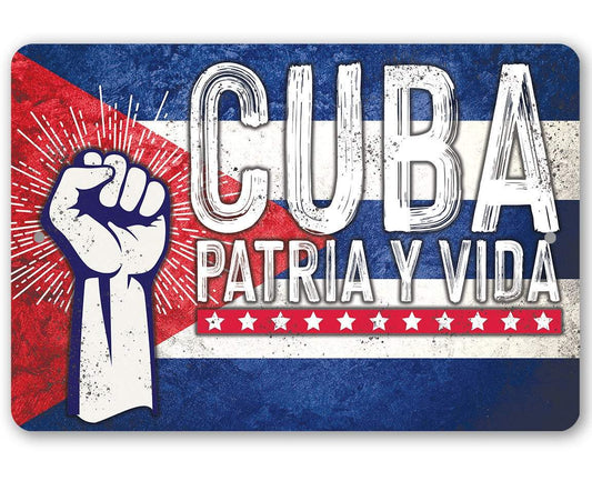 Metal Cuba flag style metal sign with raised “CUBA” and “Patria y Vida” text