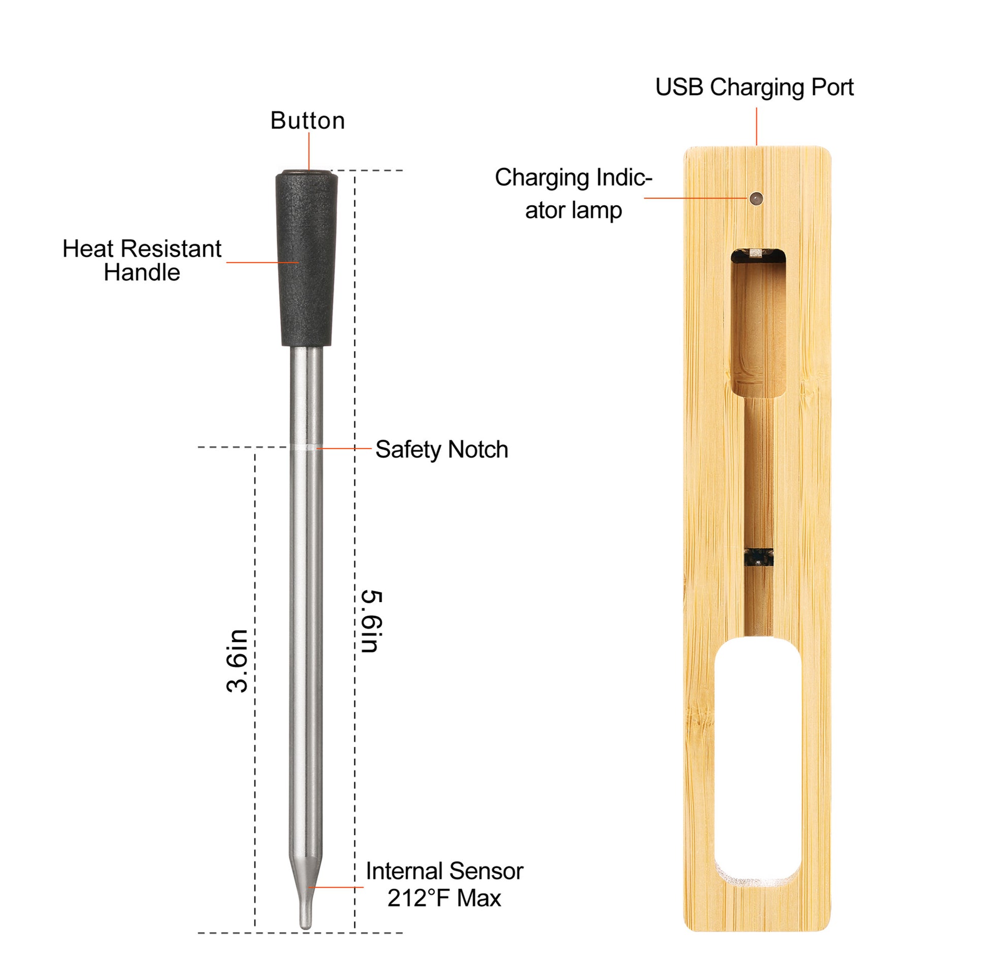 Wireless BBQ thermometer probe with black heat-resistant handle and USB charging holder