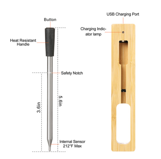 Wireless BBQ thermometer probe with black heat-resistant handle and USB charging holder