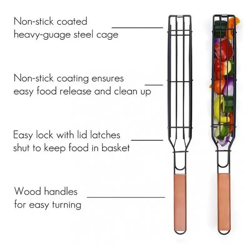 Nonstick wire grilling basket with wooden handles and latching flip lid