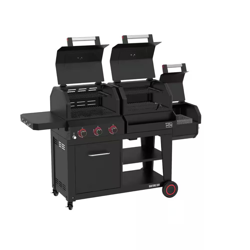 Oakford grill smoker combo with open lids, front burner knobs, and side offset smoker box