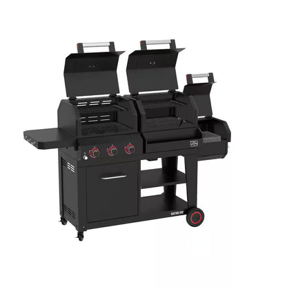 Oakford grill smoker combo with open lids, front burner knobs, and side offset smoker box