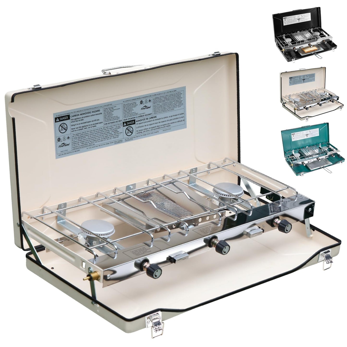 Beige 3-burner portable propane stove with open lid and metal cooking grate