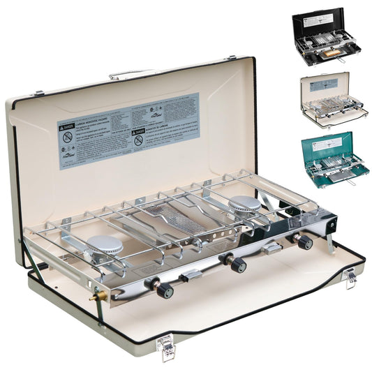 Beige 3-burner portable propane stove with open lid and metal cooking grate