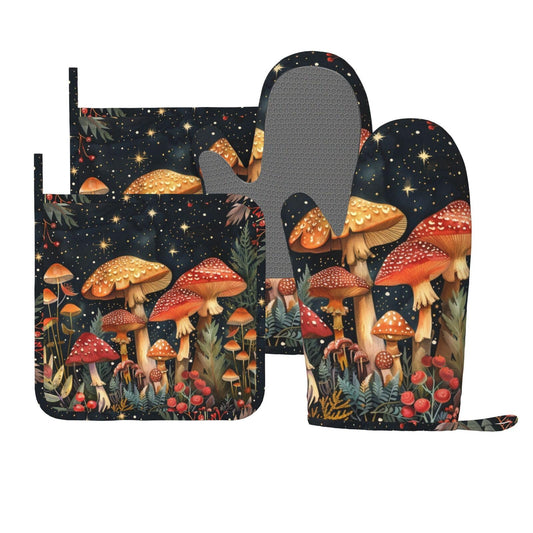 Mushroom oven mitt set of 2 with dark navy mushroom forest print and textured gray palm