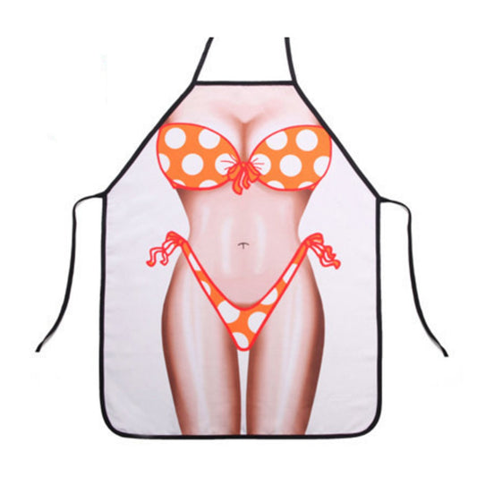 Novelty bikini apron with halter neck straps, orange polka-dot bikini graphic, black trim