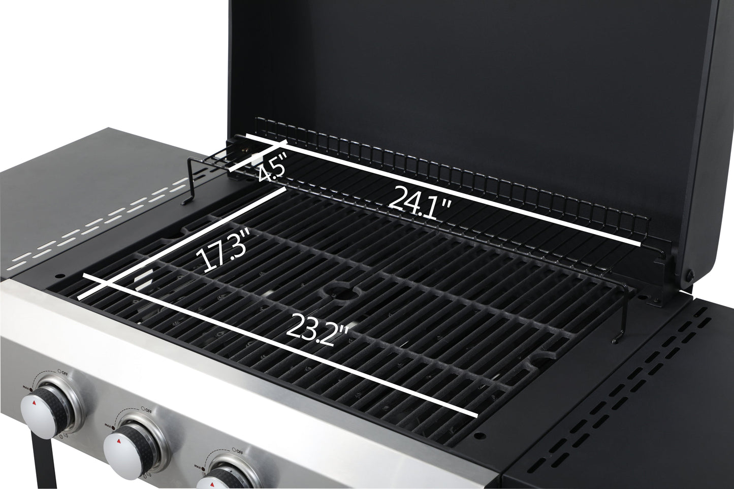 Propane gas BBQ grill cooking area with cast iron grates and stainless steel plancha