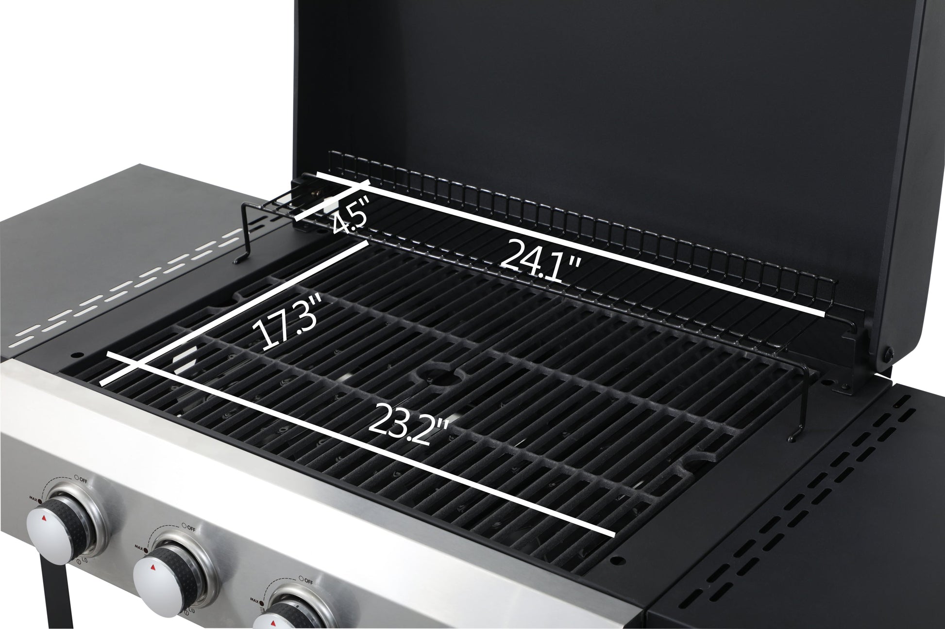 Propane gas BBQ grill cooking area with cast iron grates and stainless steel plancha