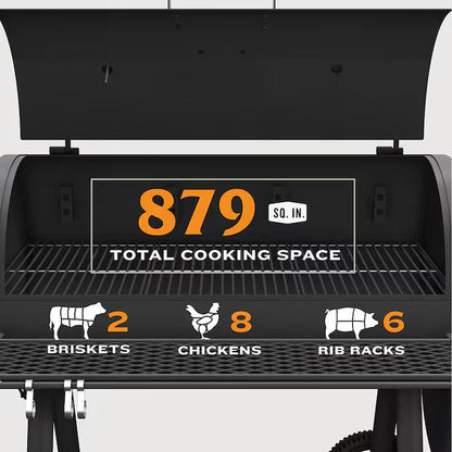 Black offset smoker front panel with cooking space window and grill grates visible