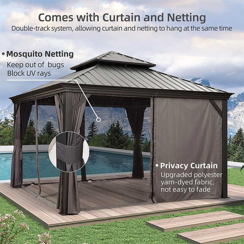 Hardtop gazebo with gray privacy curtains and mosquito netting around the open deck
