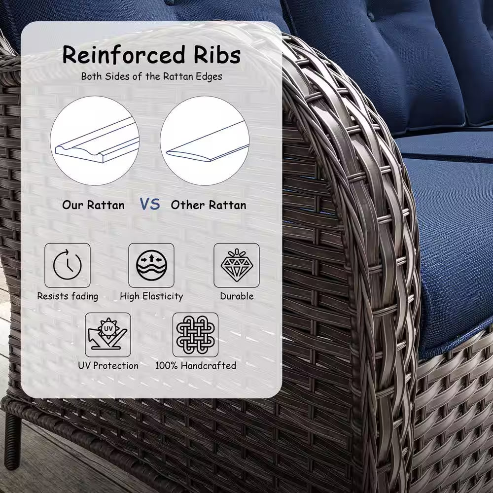 Close-up woven wicker corner with dark blue cushion fabric