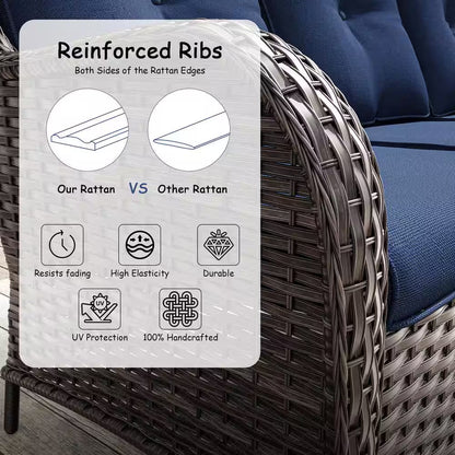 Close-up woven wicker corner with dark blue cushion fabric