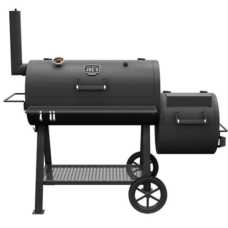 Black offset barrel smoker with side firebox, cart wheels, and front grilling grate