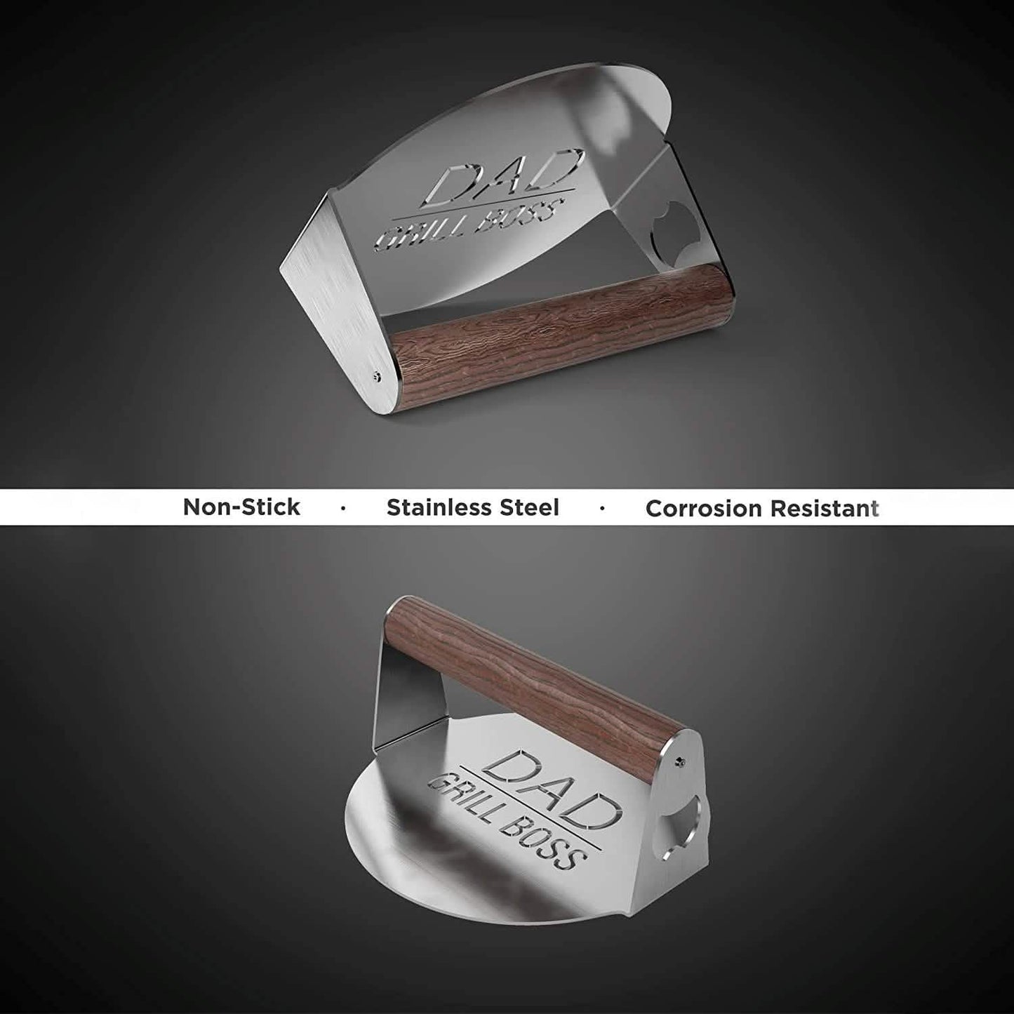 Smash burger press with engraved branding, curved steel base and dark wood handle