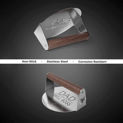 Smash burger press with engraved branding, curved steel base and dark wood handle