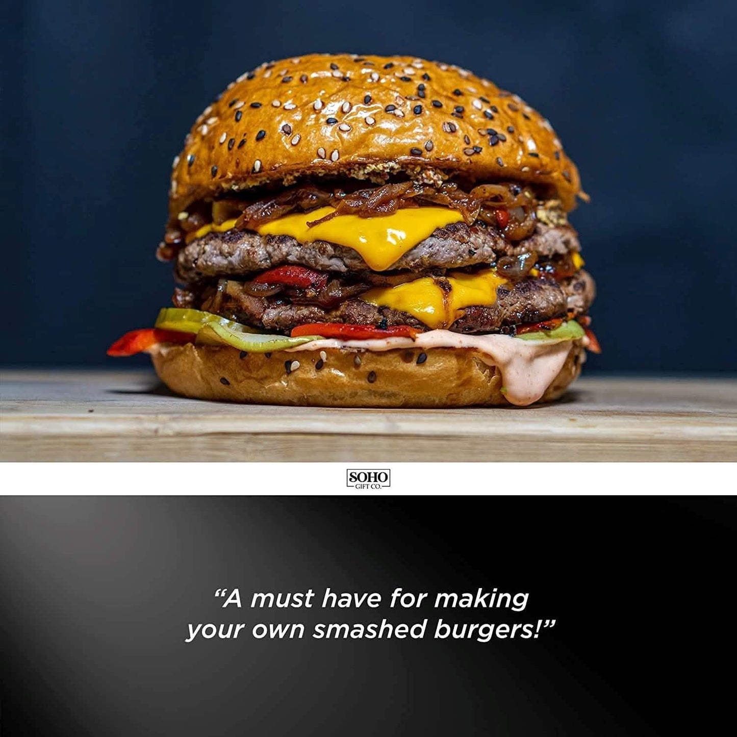 Smashed burger with melted cheese, sesame bun, and visible patty layers