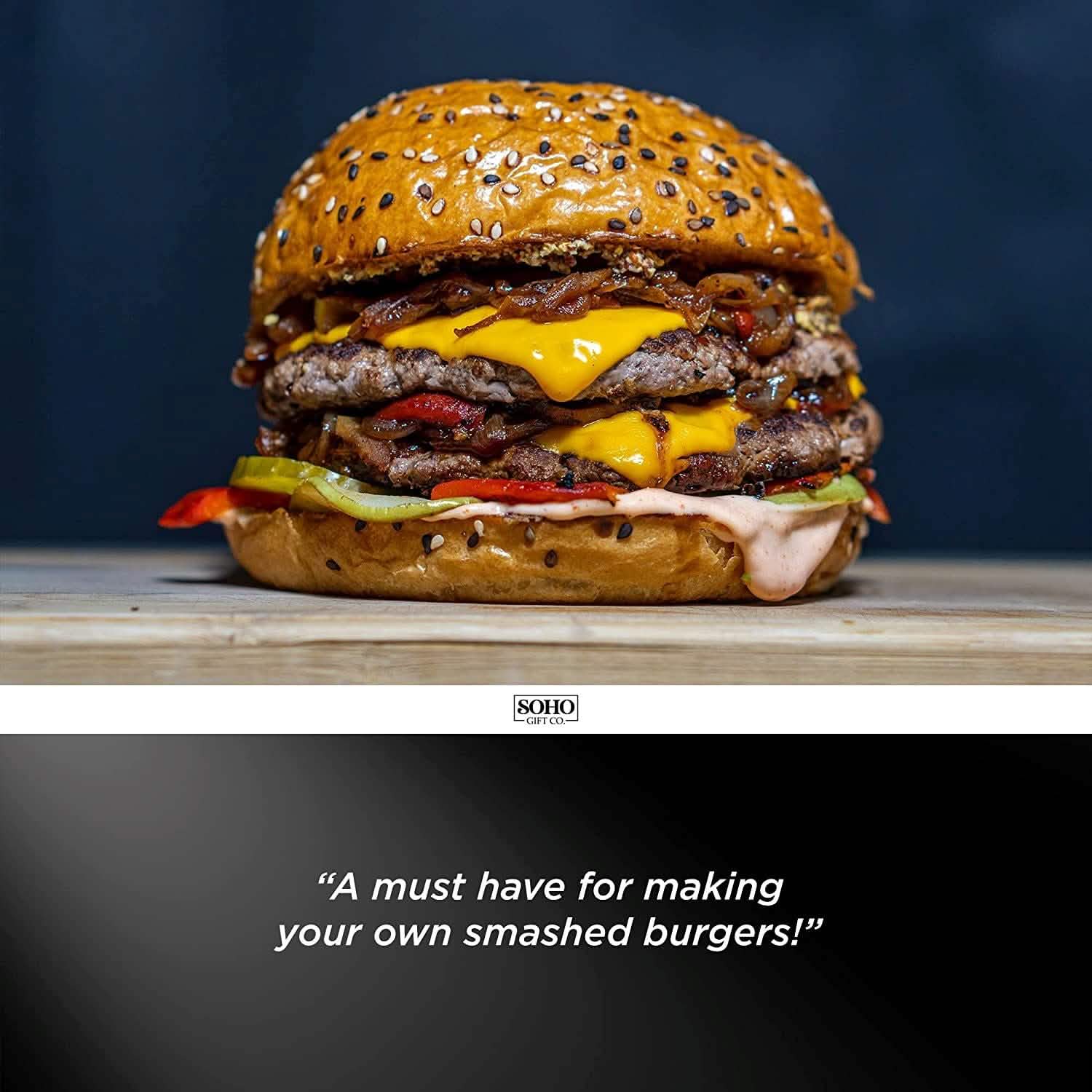 Smashed burger with melted cheese, sesame bun, and visible patty layers