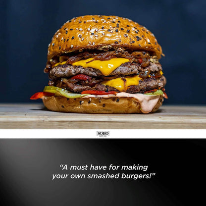 Smashed burger with melted cheese, sesame bun, and visible patty layers