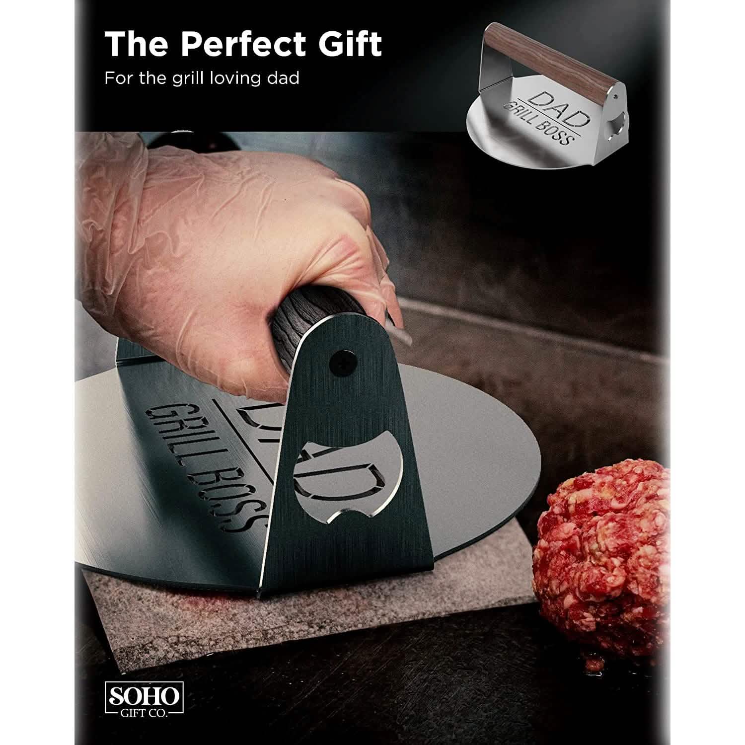 Stainless steel smash burger press with dark wood handle and built-in bottle opener