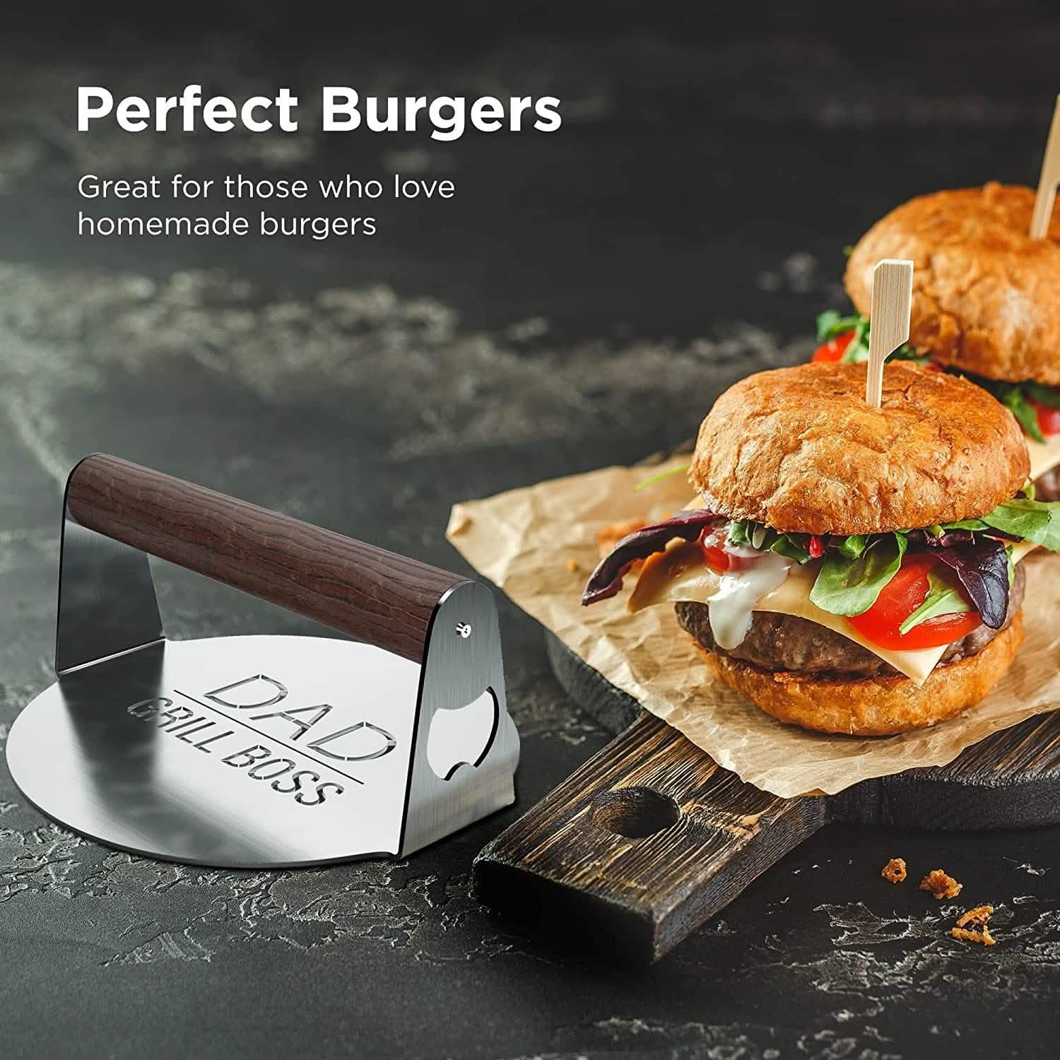 Smash burger press with dark wood handle and stamped logo on round steel base