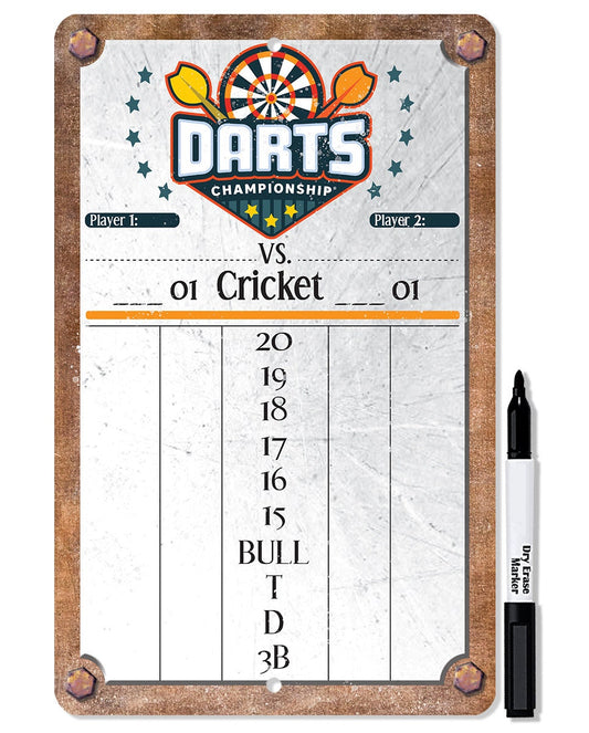 Darts dry-erase scoreboard metal sign with framed board for scoring games