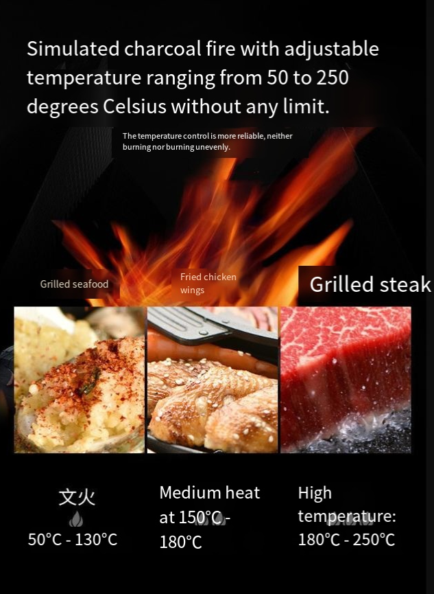 Electric BBQ hot pot cooking display with simulated charcoal flames and steak