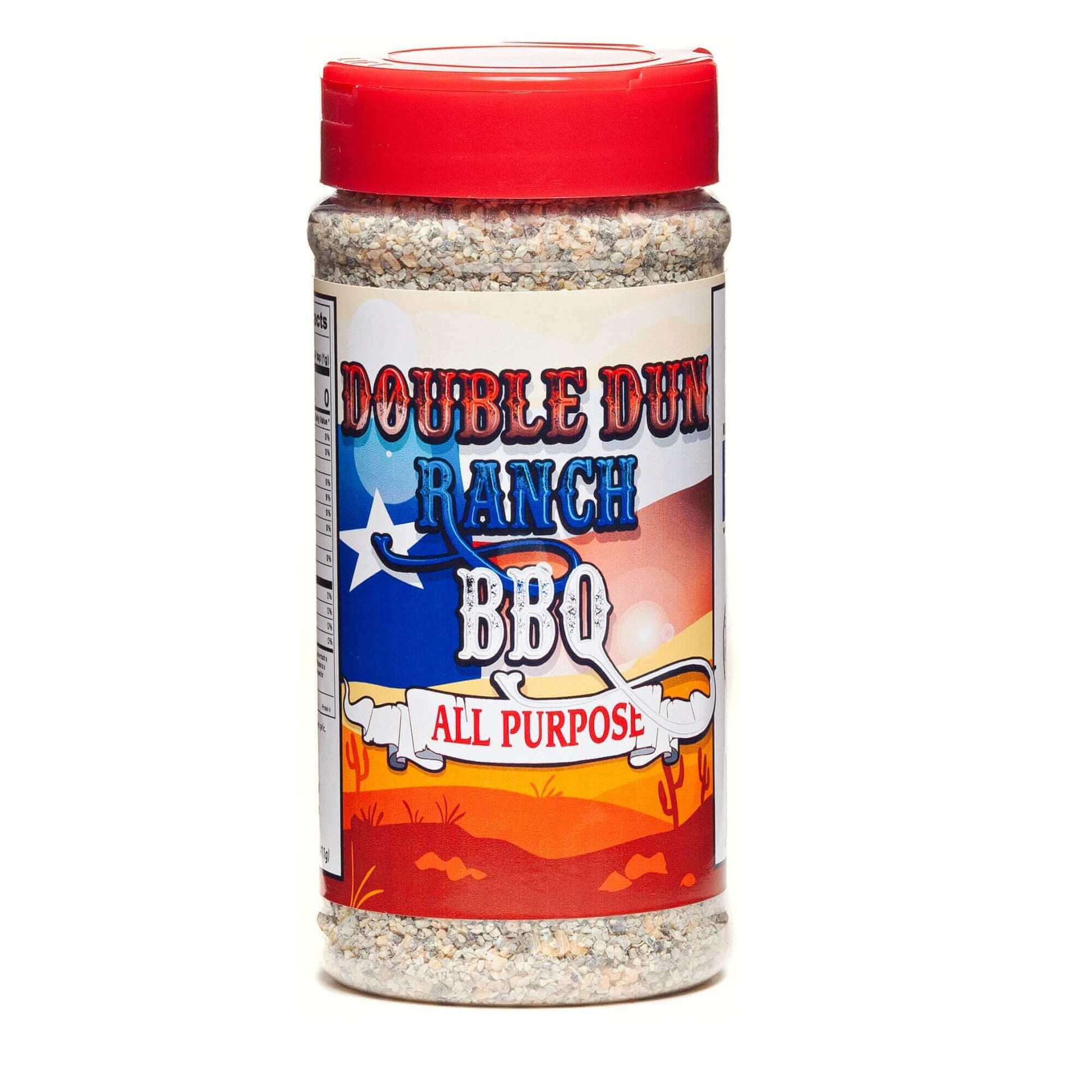 Double Dun Ranch BBQ all purpose rub bottle with red cap and speckled seasoning