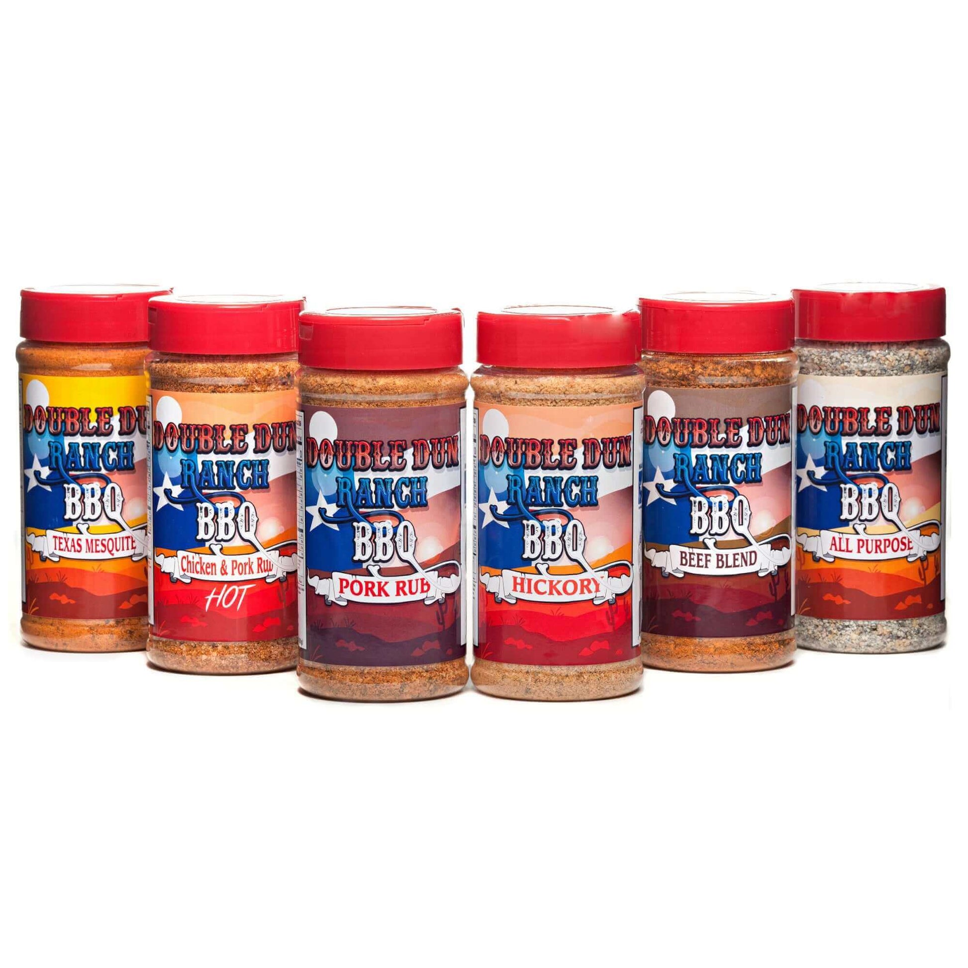 BBQ spice rub collection with six condiment jars, red lids and colorful labels