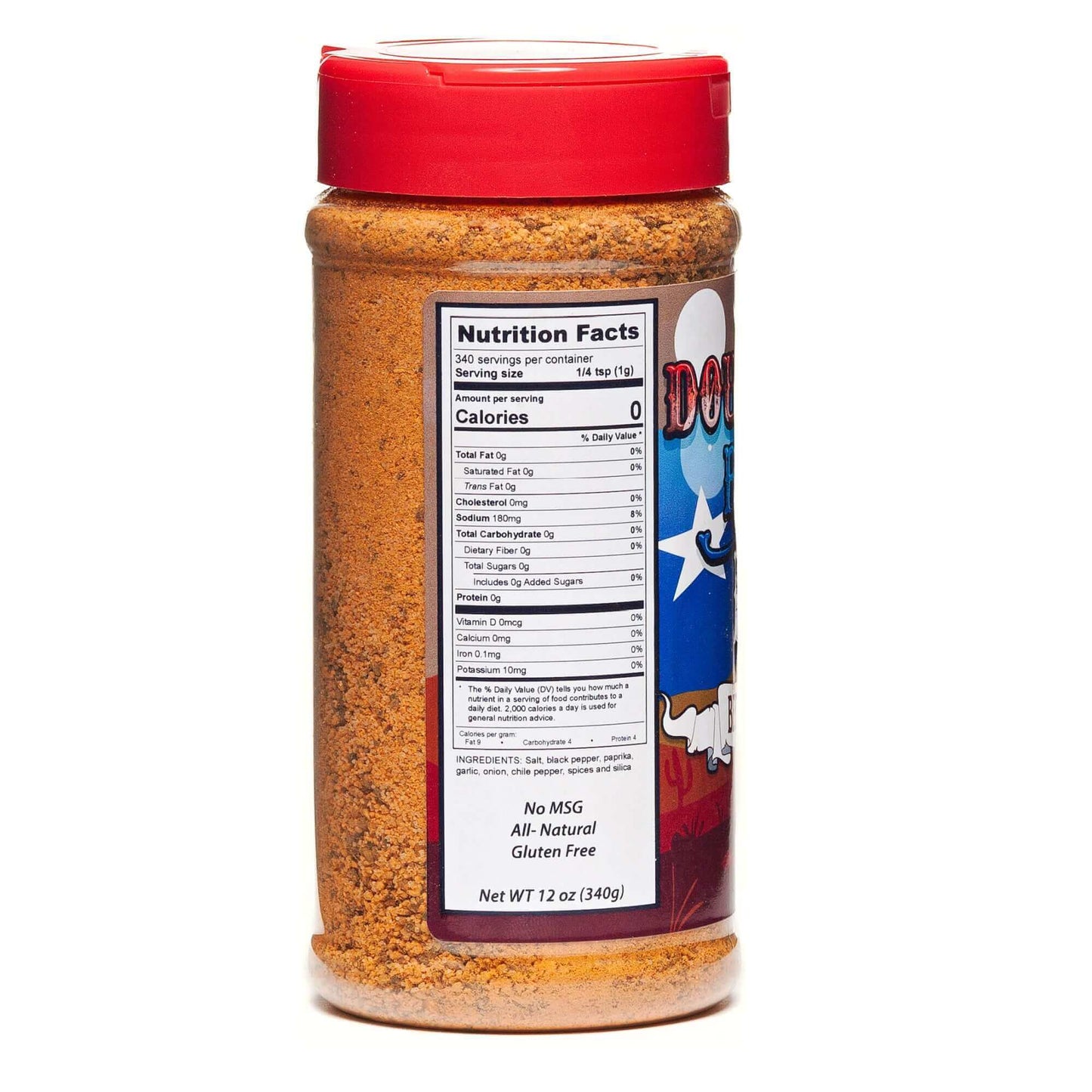 BBQ beef rub bottle with back Nutrition Facts label and red cap