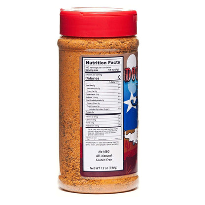 BBQ beef rub bottle with back Nutrition Facts label and red cap