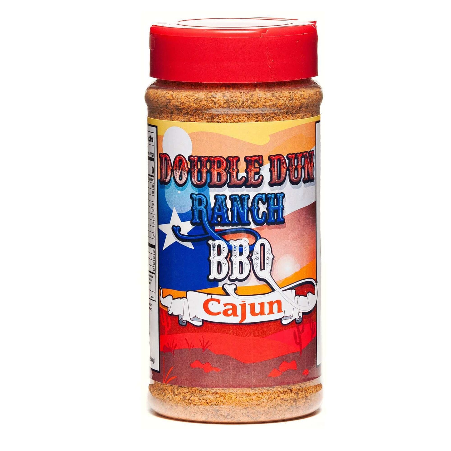 BBQ Cajun rub seasoning bottle with red cap, front label