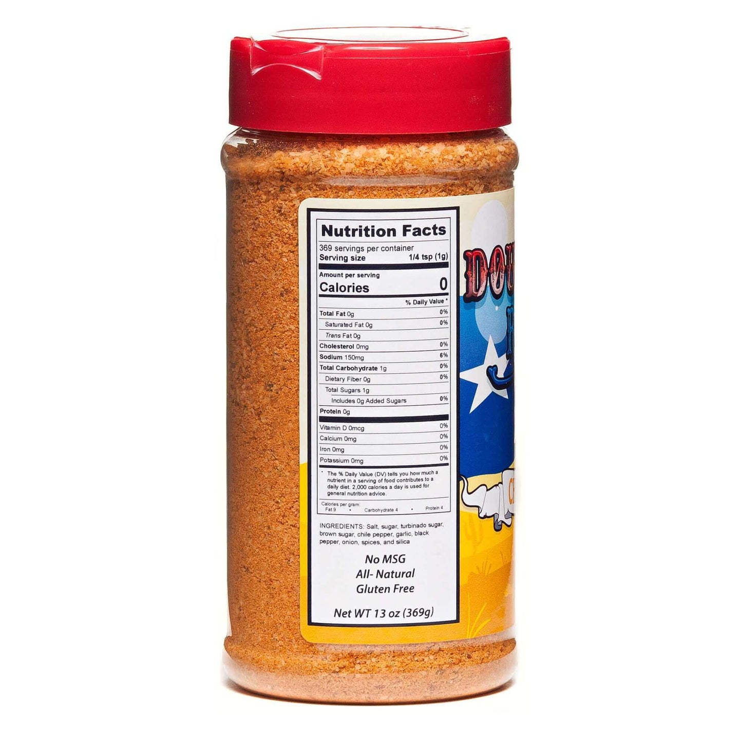 BBQ chicken rub jar with red lid, nutrition facts and ingredient panel