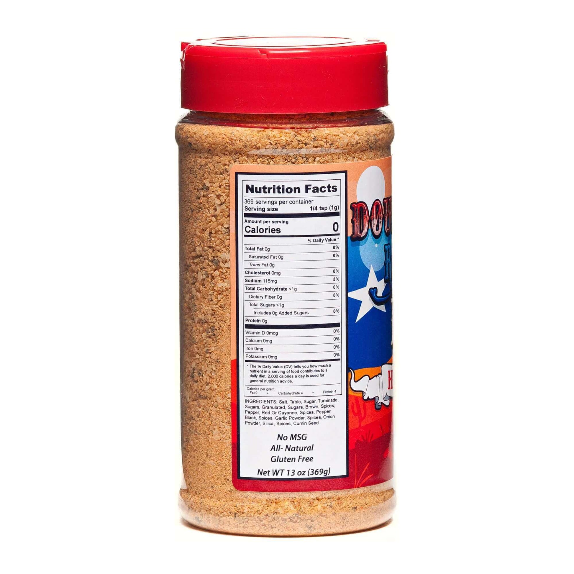 BBQ hickory rub seasoning bottle with nutrition facts panel and red cap