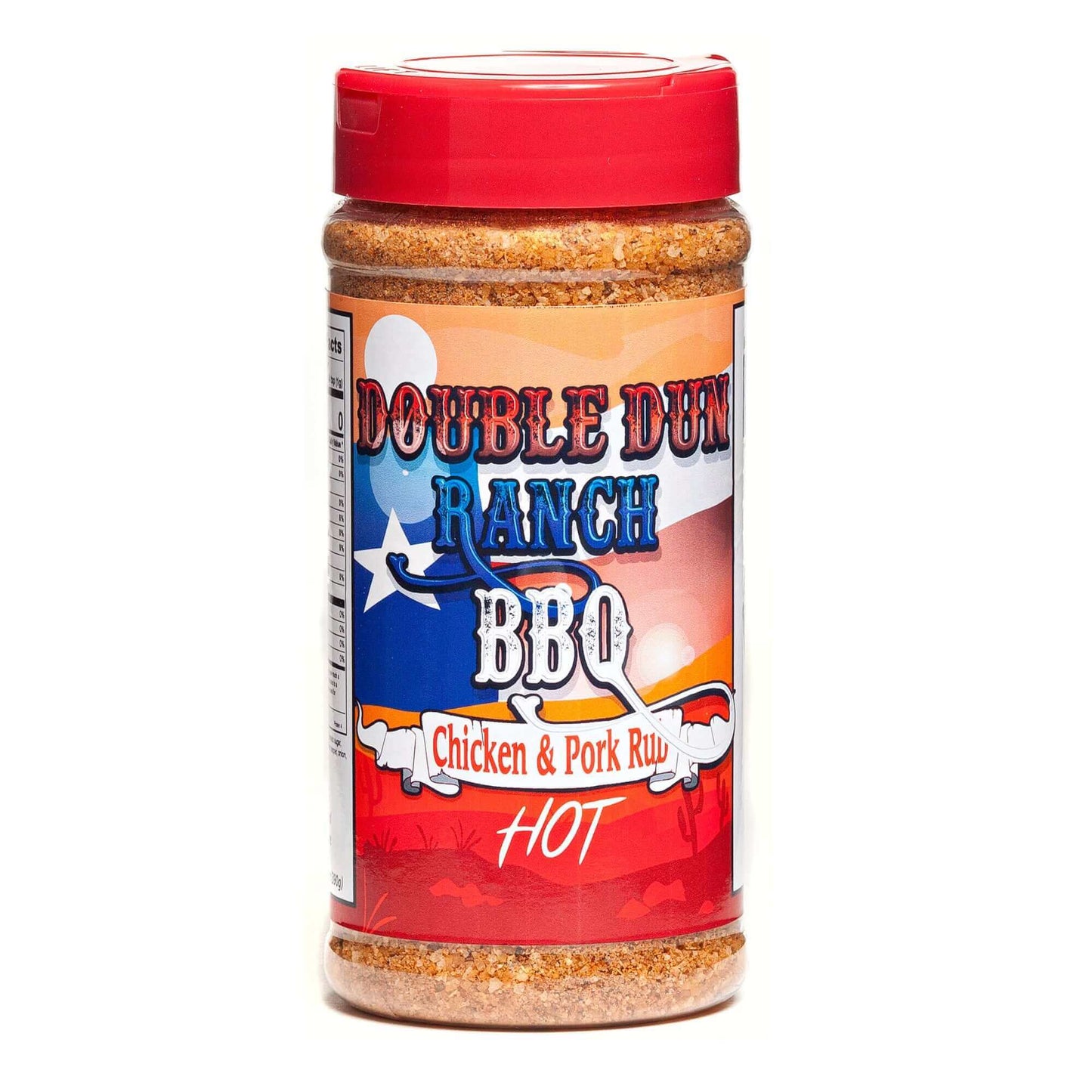 Hot BBQ chicken and pork rub bottle with red cap and red label