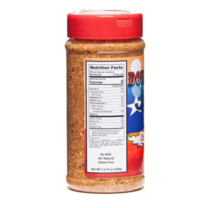 Hot BBQ rub bottle back label with nutrition facts and red cap