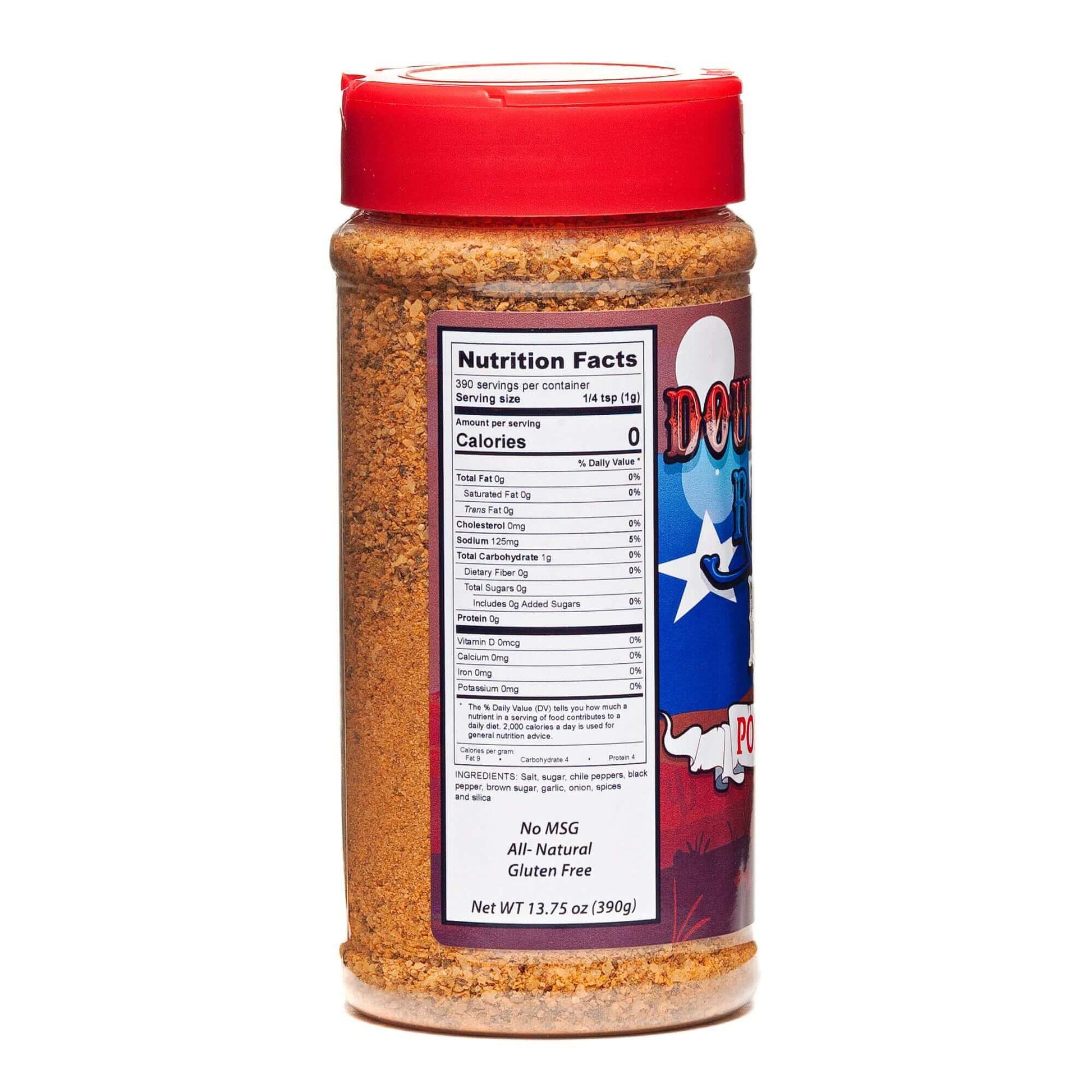BBQ pork rub seasoning bottle with red cap, nutrition facts label on back