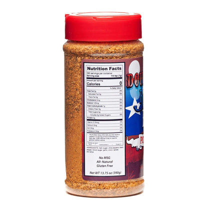 BBQ pork rub seasoning bottle with red cap, nutrition facts label on back
