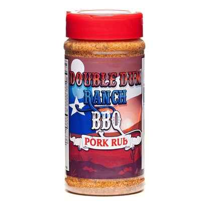 BBQ pork rub seasoning bottle with red cap, front label Double Dun Ranch