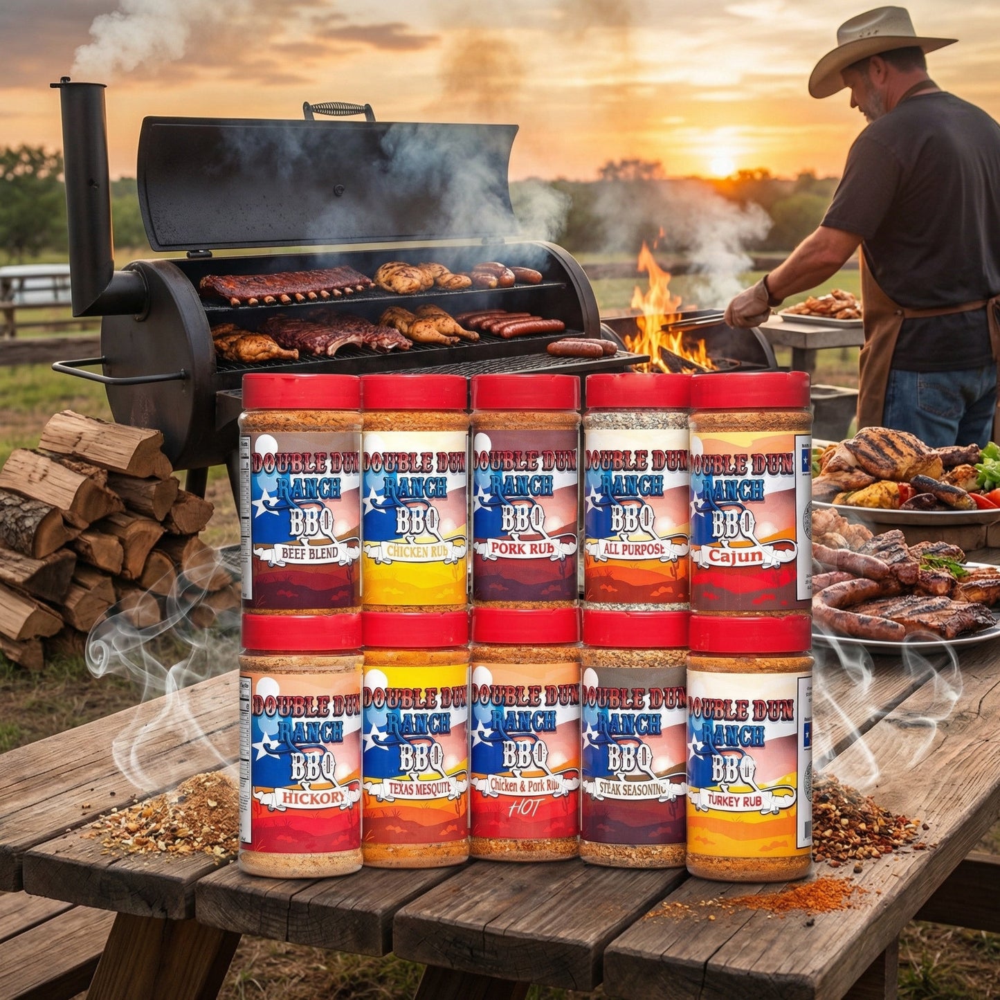 BBQ rub variety set of red-lidded seasoning bottles on a picnic table with a grill