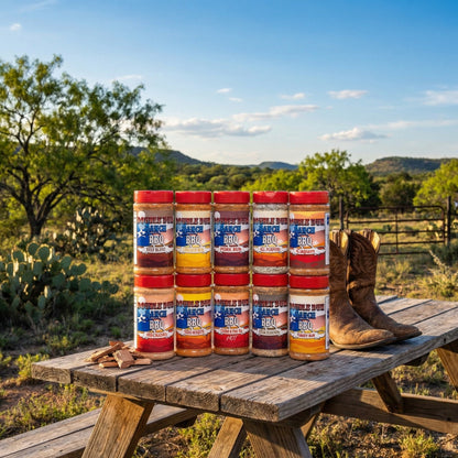 BBQ rub variety set of red-lidded seasoning bottles stacked on a wooden table