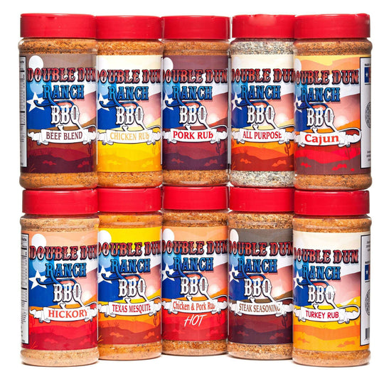 BBQ rub variety set of 10 red-lidded seasoning bottles with multicolor labels