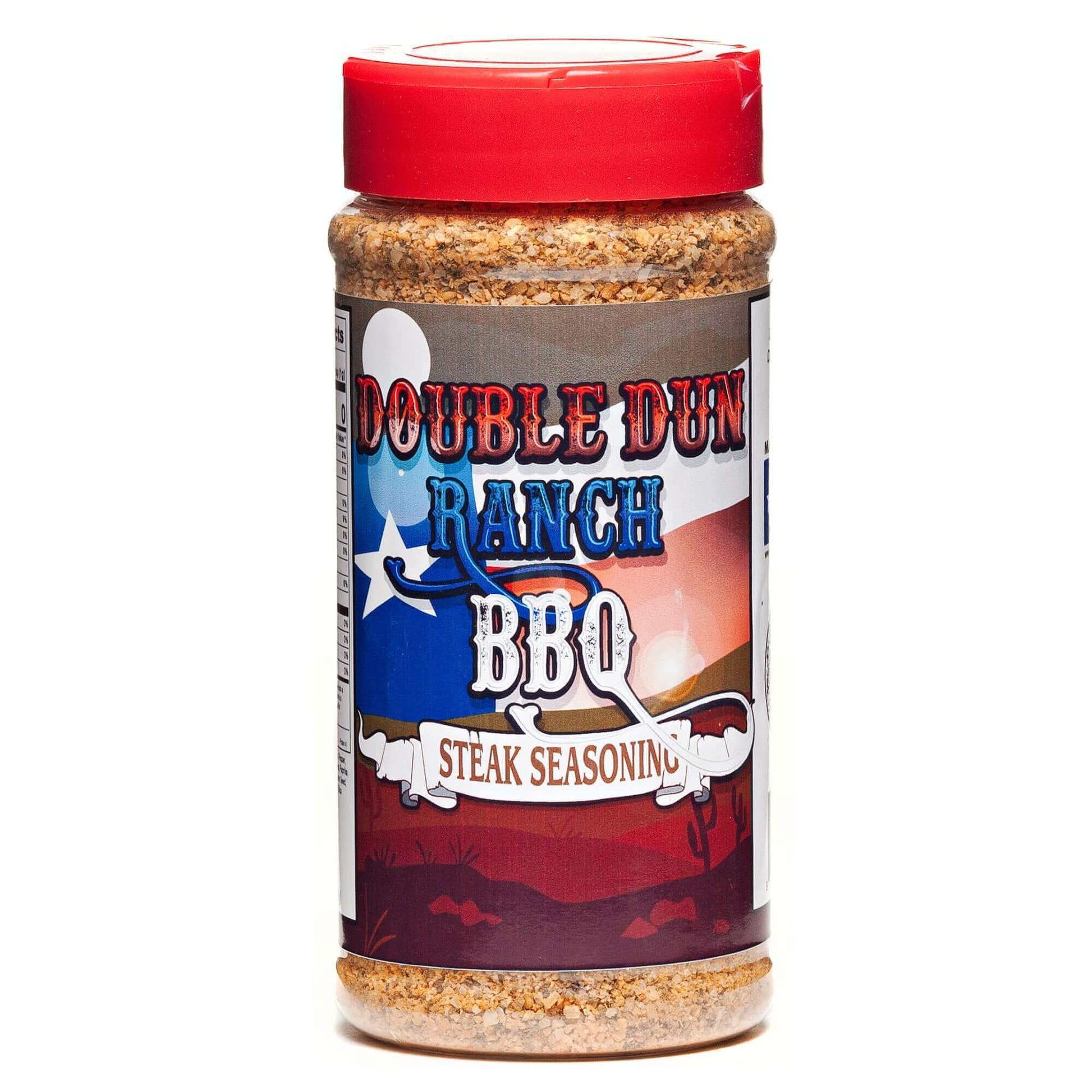 BBQ steak seasoning bottle with red cap, Double Dun Ranch BBQ label front