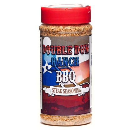 BBQ steak seasoning bottle with red cap, Double Dun Ranch BBQ label front