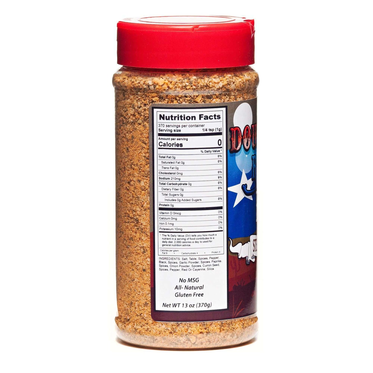 BBQ steak seasoning bottle with red cap, Nutrition Facts label on back