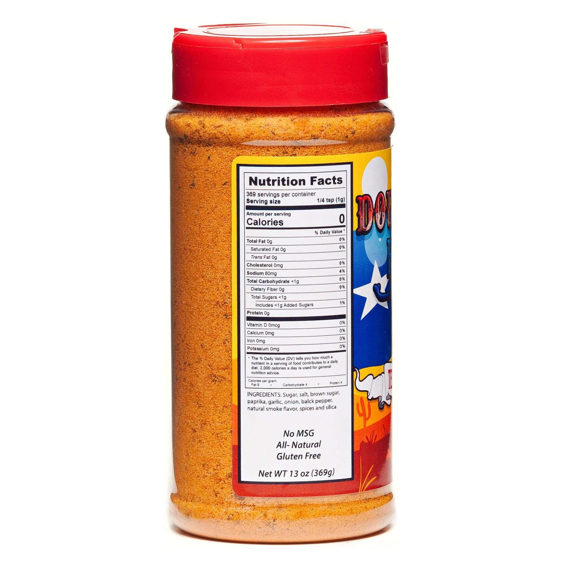 Texas Mesquite BBQ rub bottle with back nutrition facts label and red cap