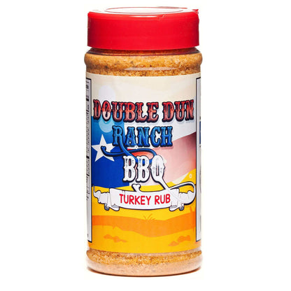 BBQ turkey rub seasoning bottle with red cap and colorful front label